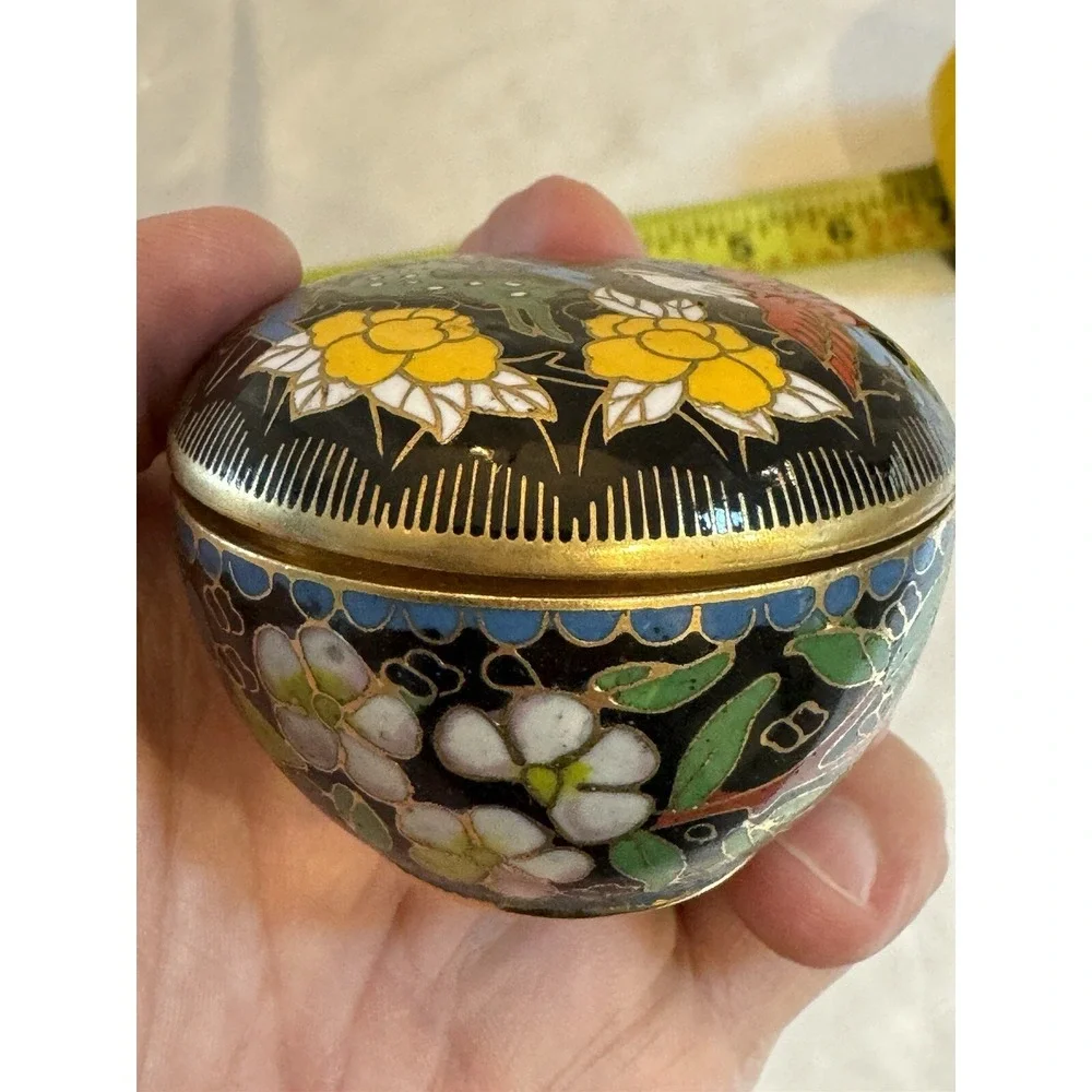 Vintage Bird Deer Cloisonné Blue Enamel On Brass Trinket or Pill Box Round